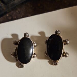 Mexican Turtle Sterling Silver Black Onyx Clip Earrings